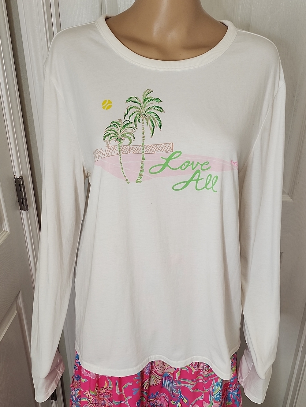 New Lilly Pulitzer Luxletic White Long-Sleeve "Love All" Palm Graphic Tennis Tee